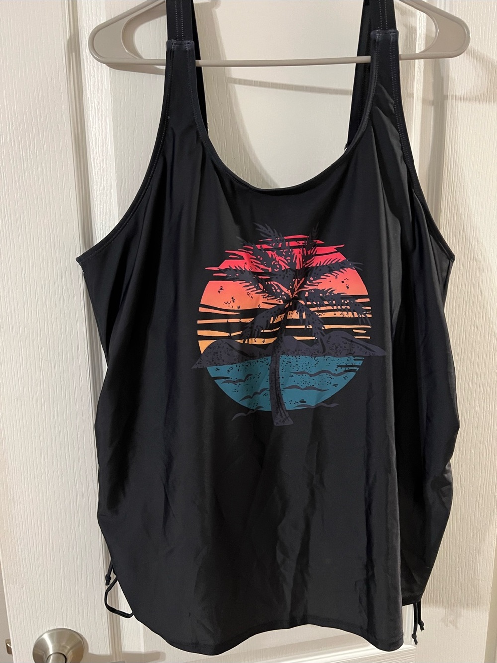 BloomChic Black swim Tank with Sunset Palm Circle Graphic